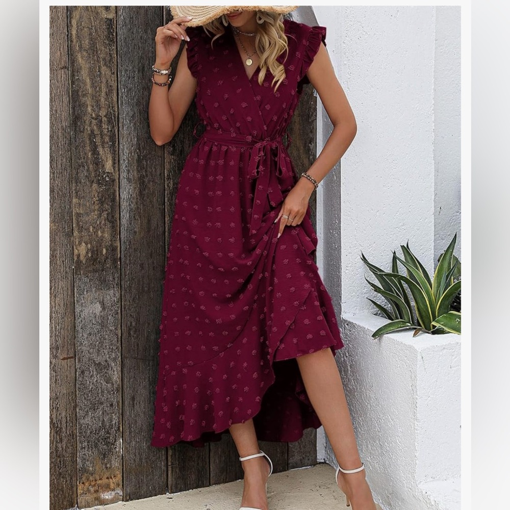 Casual Wrap V Neck Ruffle Cap Sleeveless A-Line Pleated Hem Midi